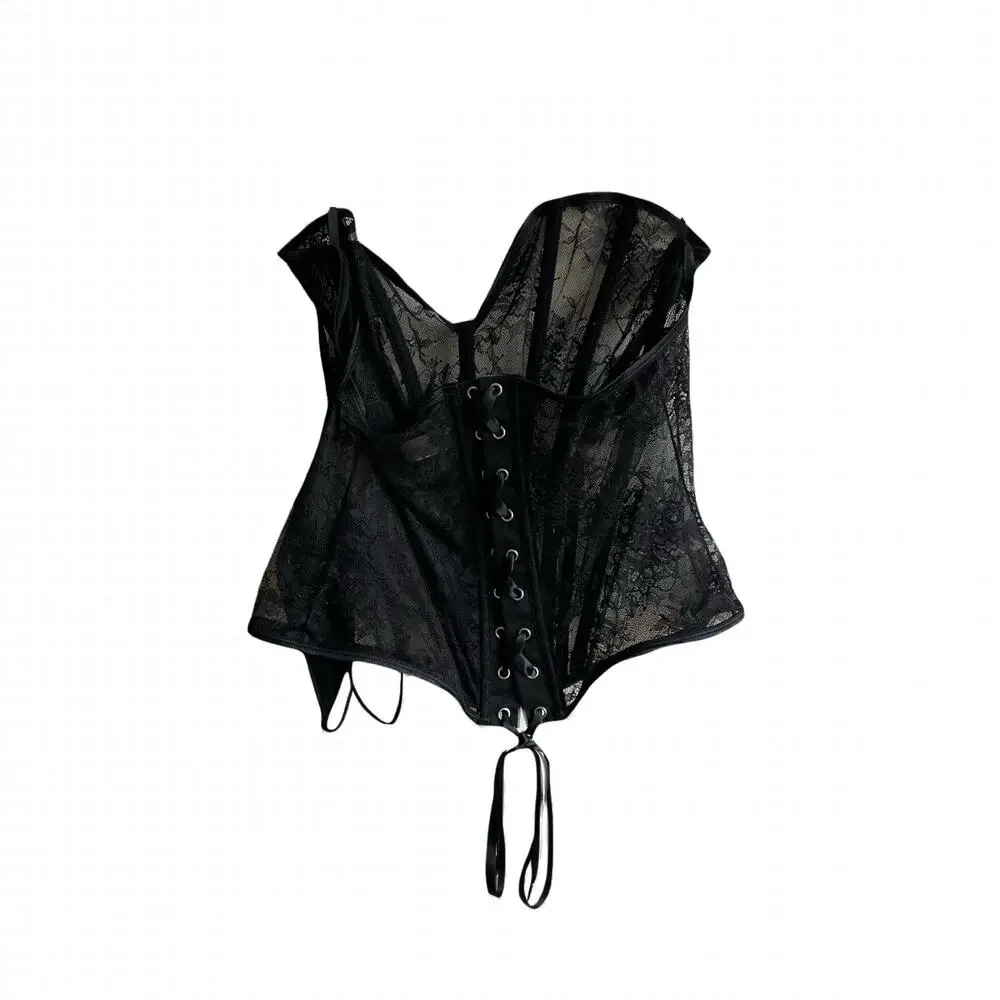 Fantasy Lingerie Lace Corset Size 2XL Black Sheer Mesh Bustier Lace Up Overbust